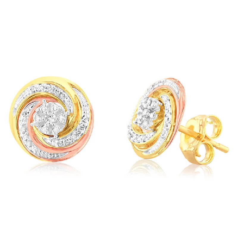 stud earrings for women -9ct 3-Tone 1/10 Carat Diamond Swirl Stud Earrings with 50 Round Brilliant Diamonds