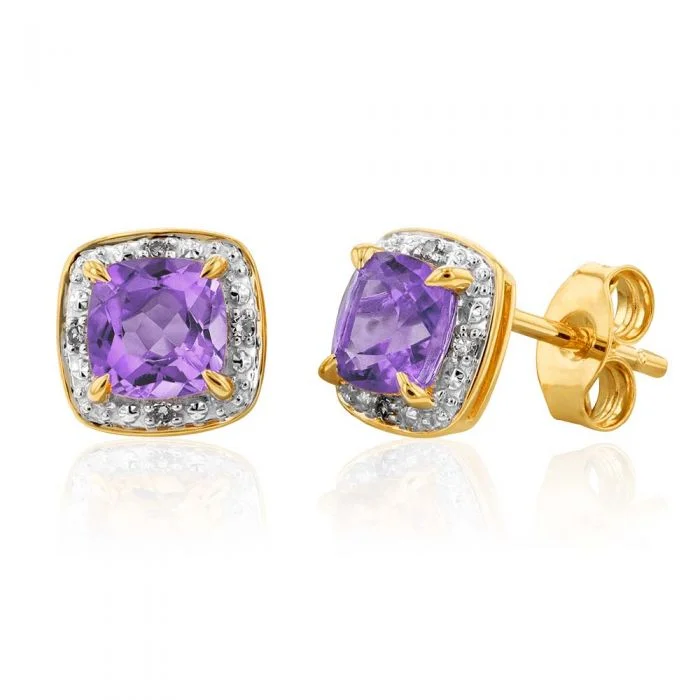 celestial earrings for women -9ct Yellow Gold Amethyst and Diamond Stud Earrings