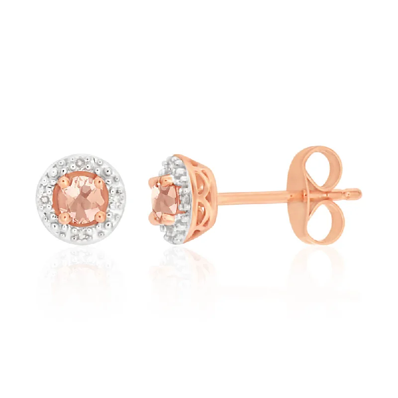 textured earrings for women -9ct Rose Gold Morganite and Diamond Halo Stud Earrings