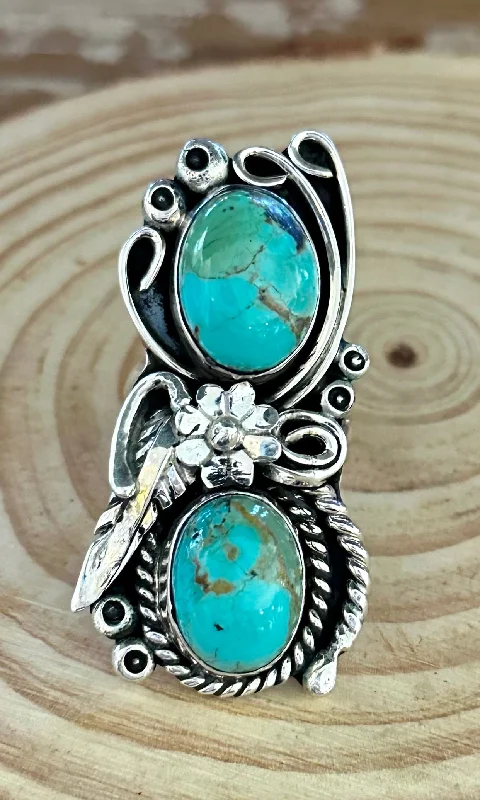 adjustable gemstone rings for women -LITTLE C.R. Navajo, Dine'h Native Arts Turquoise Sterling Silver, Large Ring • Size 9 1/2