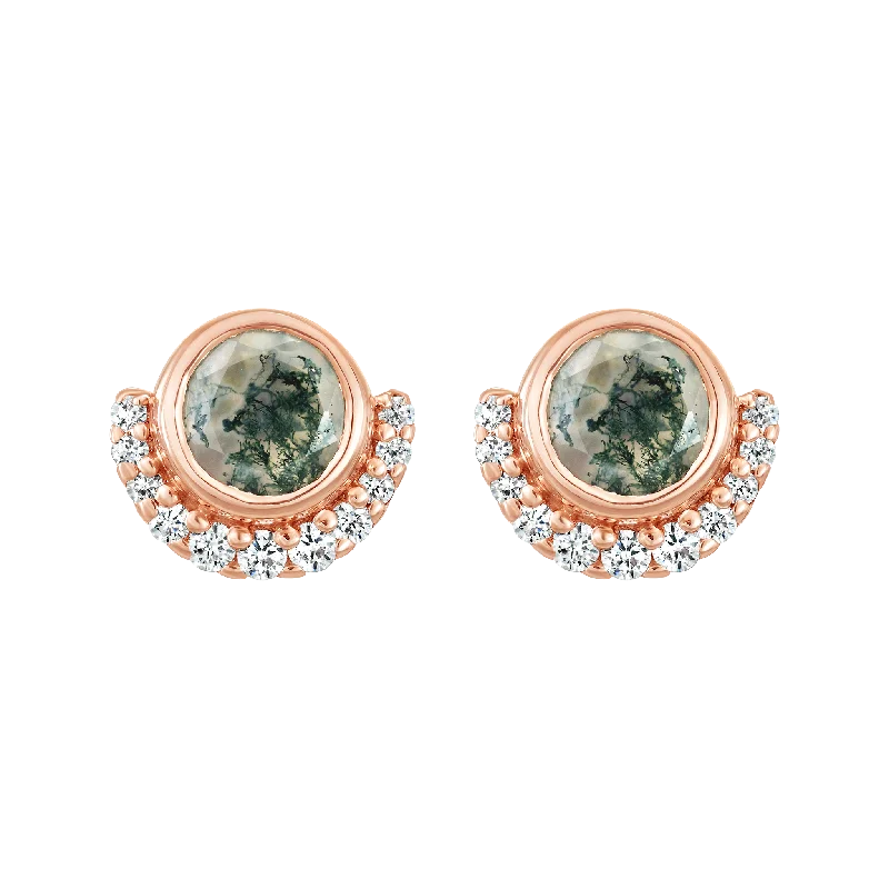 emerald earrings for women -Rose Gold Moss Agate and Diamond Lunar Eclipse Studs