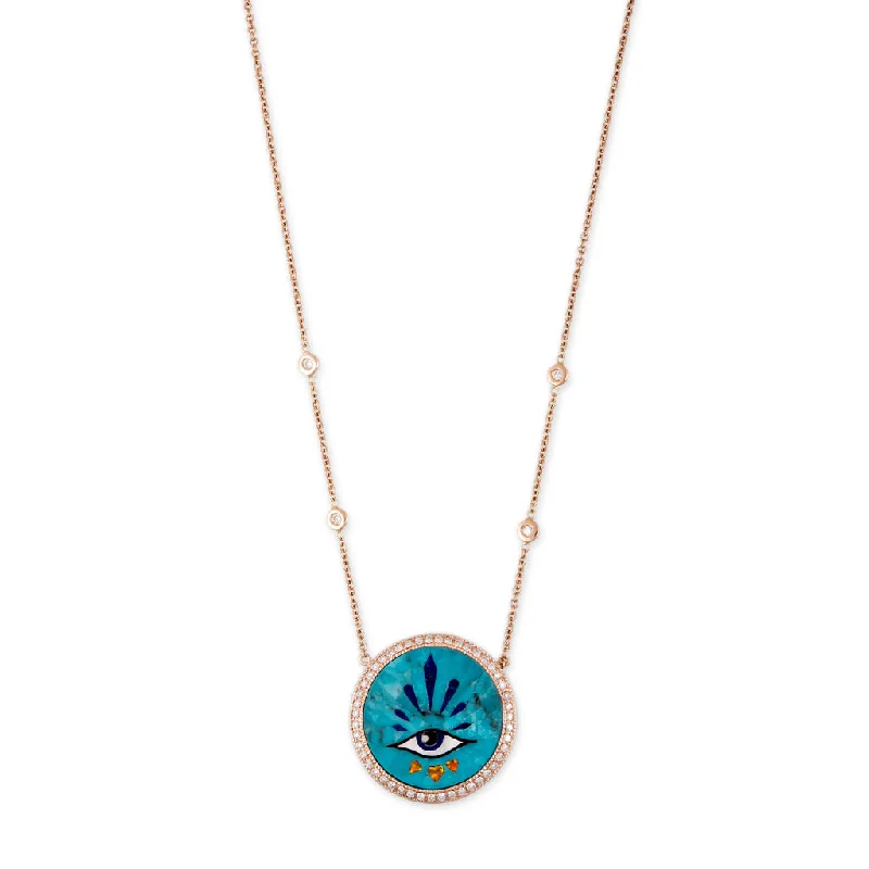 gemstone necklaces for women -SMALL PAVE 3 HEARTS EYE BURST TURQUOISE INLAY NECKLACE