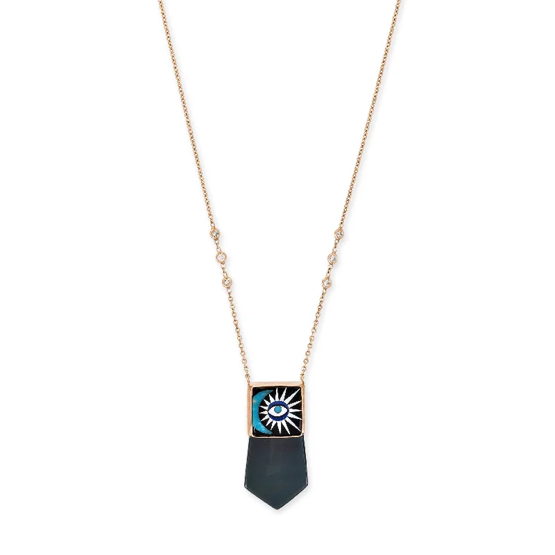 white gold chain necklaces for women -RAINBOW OBSIDIAN CRYSTAL INLAY CRESCENT EYE BURST CAP NECKLACE