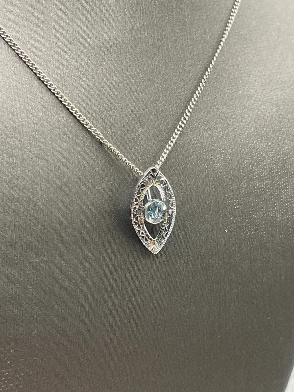 tourmaline necklaces for women -Antique Ladies 14 Karat White Gold Aquamarine Filagree Pendant