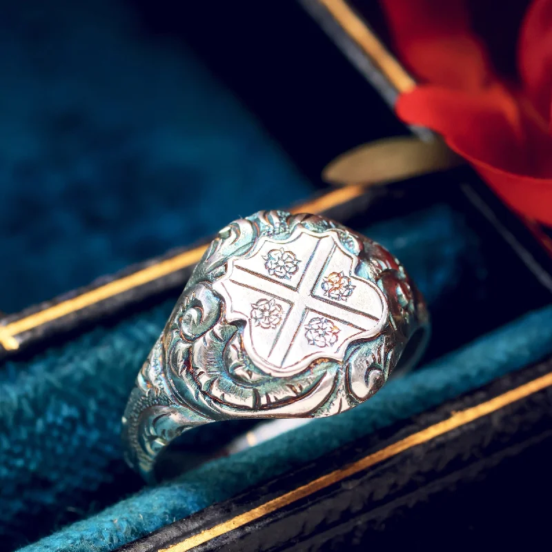 chevron rings for women -Ornate Saltire Cross & Tudor Rose Silver Signet Ring