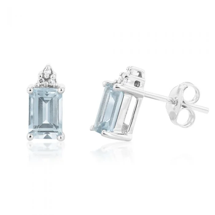 cluster earrings for women -9ct White Gold Aquamarine Emerald Cut and Diamond Stud Earrings