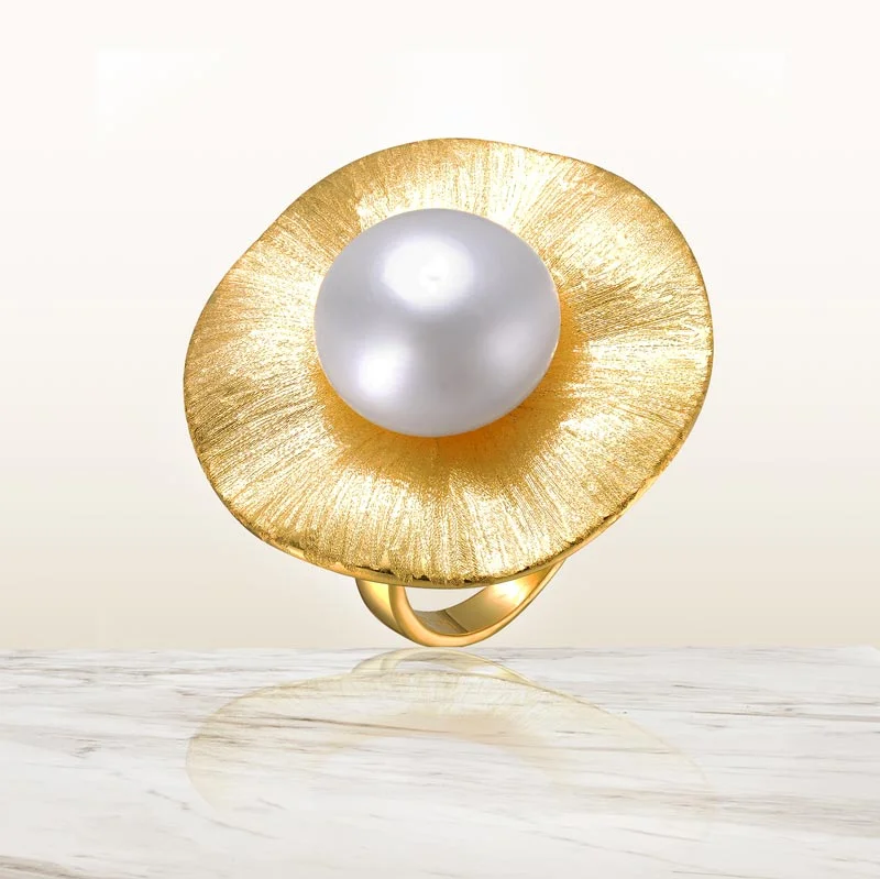 vintage rings for women -Delphine Pearl Brushed Golden Floral Ring