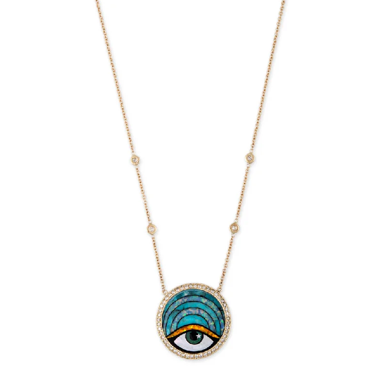 oxidized silver necklaces for women -SMALL PAVE ROUND ARCH EYE OPAL INLAY NECKLACE