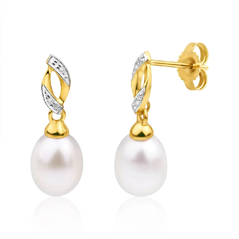 gold hoop earrings for women -9ct Yellow Gold Freshwater Pearl and Diamond Drop Earrings