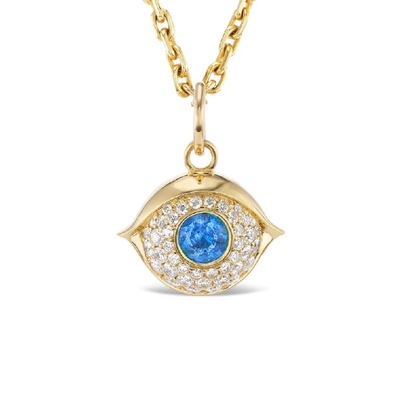 white gold chain necklaces for women -SMALL GOLD AND DIAMOND EVIL EYE PENDANT WITH SAPPHIRE