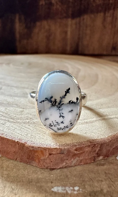 engravable rings for women -WHIMSY DENDRITIC OPAL Sterling Silver Ring • Size 9