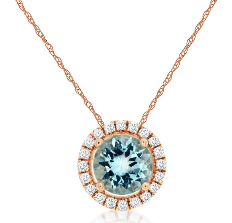 love knot necklaces for women -Aquamarine & Diamond Halo Pendant in 14kt Rose Gold