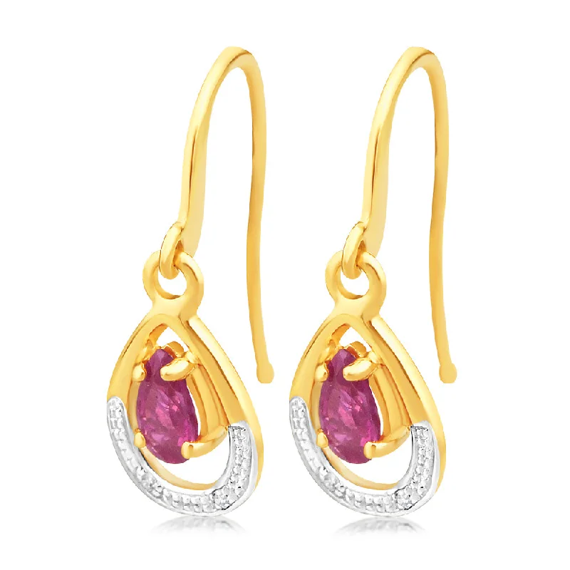 handmade beaded earrings for women -Created Pear Cut Ruby & Small Diamond Drop Earrings in 9ct Yellow gold