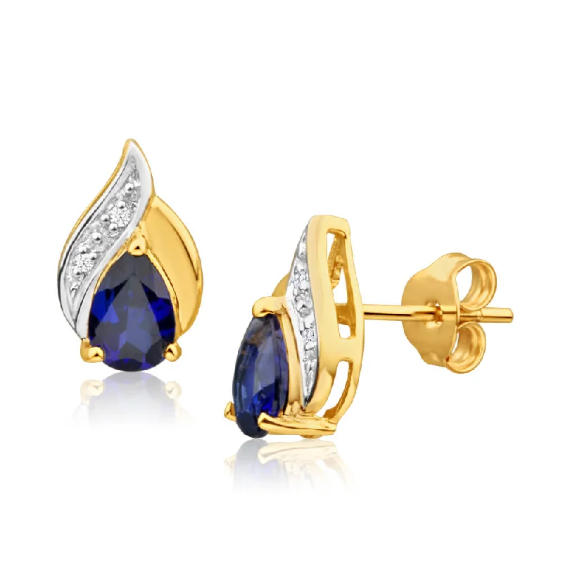 long drop earrings for women -9ct Yellow Gold Created Blue Sapphire + Diamond Stud Earrings