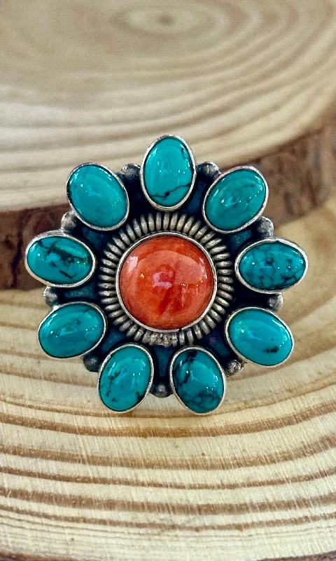 solitaire diamond rings for women -FLOWER POWER Navajo Spiny Oyster & Kingman Turquoise Sterling Silver Ring • Size 7