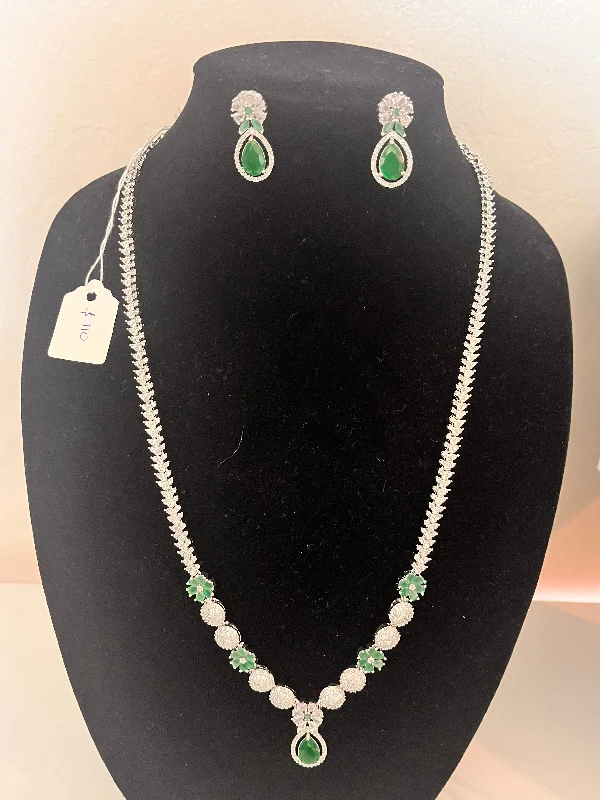 wedding necklaces for women -Alluring American Diamond Green Stoned Long Chain