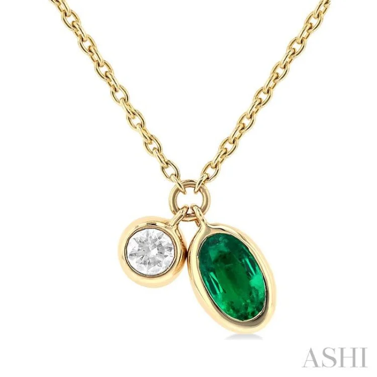 waterfall necklaces for women -1/50 ctw Oval Cut 6X4MM Emerald and Bezel Set Round Cut Diamond Precious Necklace in 10K Yellow Gold