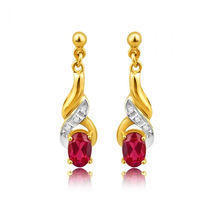 screw back earrings for women -9ct Alluring Yellow Gold Created Ruby + Diamond Drop Earrings