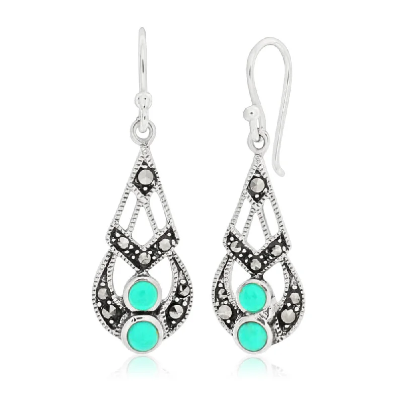 boho earrings for women -Sterling Silver Created Turquoise Vintage Drop Earrings