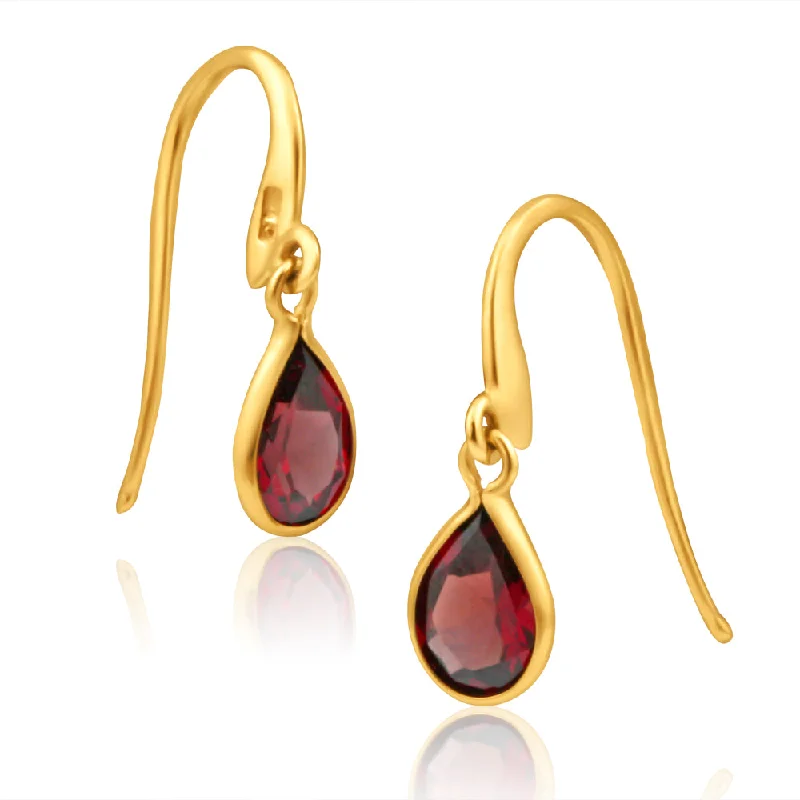 fashion earrings for women -9ct Yellow Gold Garnet Pear Drop Earrings