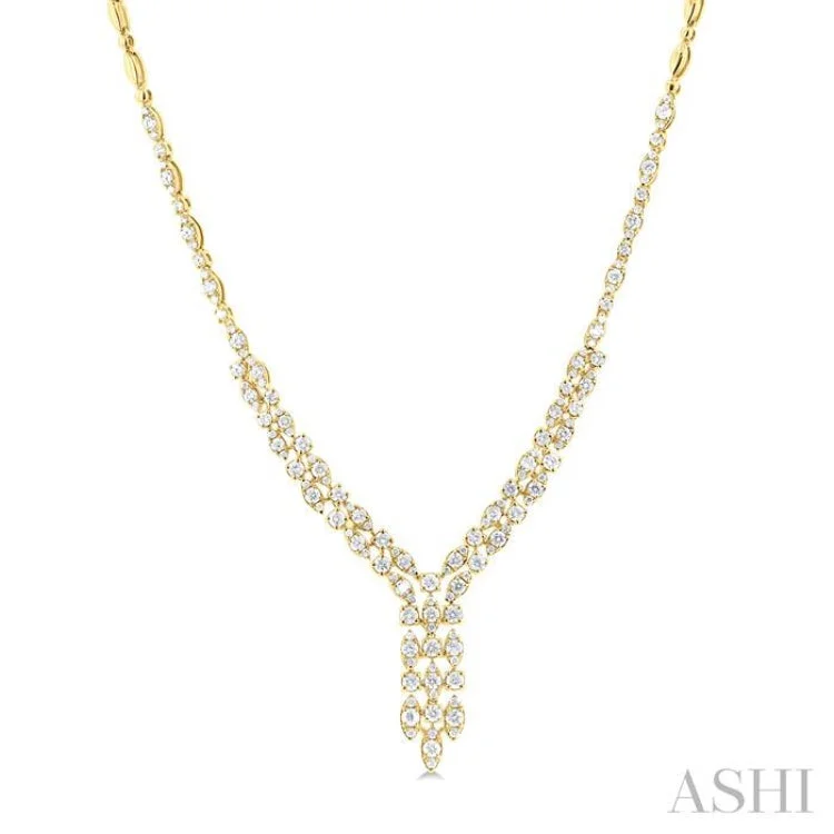 diamond necklaces for women -3 1/6 ctw Triple Row Drop Round Cut Diamond Necklace in 14K Yellow Gold