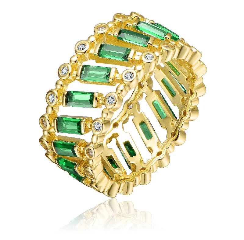 cz rings for women -Sterling Silver 14k Yellow Gold Plated with Emerald & Baguette Eternity Band Ring