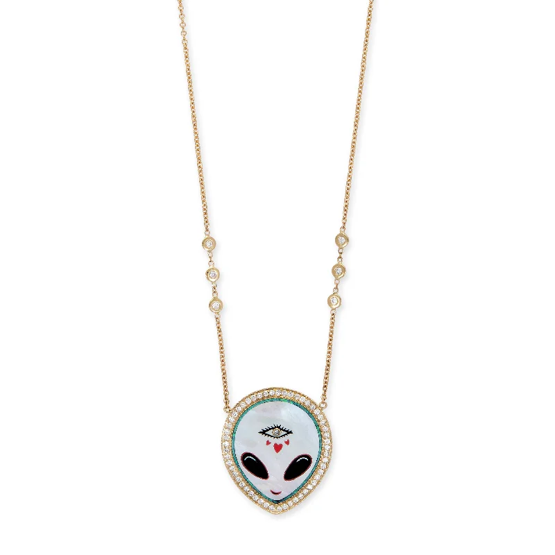 minimalist necklaces for women -PAVE PEARL + ONYX ALIEN HEART EYE INLAY NECKLACE