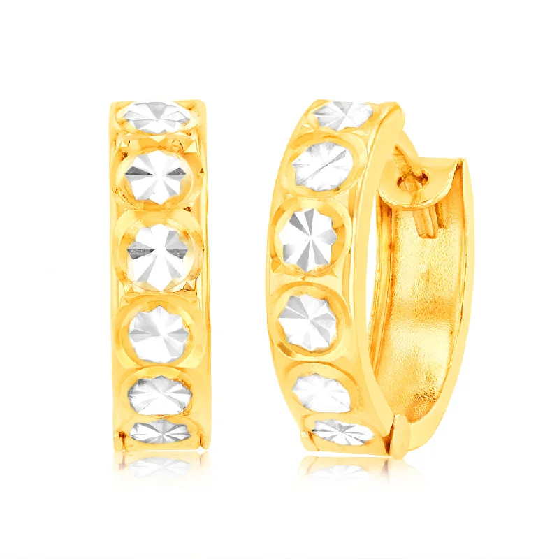 teardrop earrings for women -9ct Yellow Gold Huggie Hoop Earrings with diamond cut feature with Rhodium