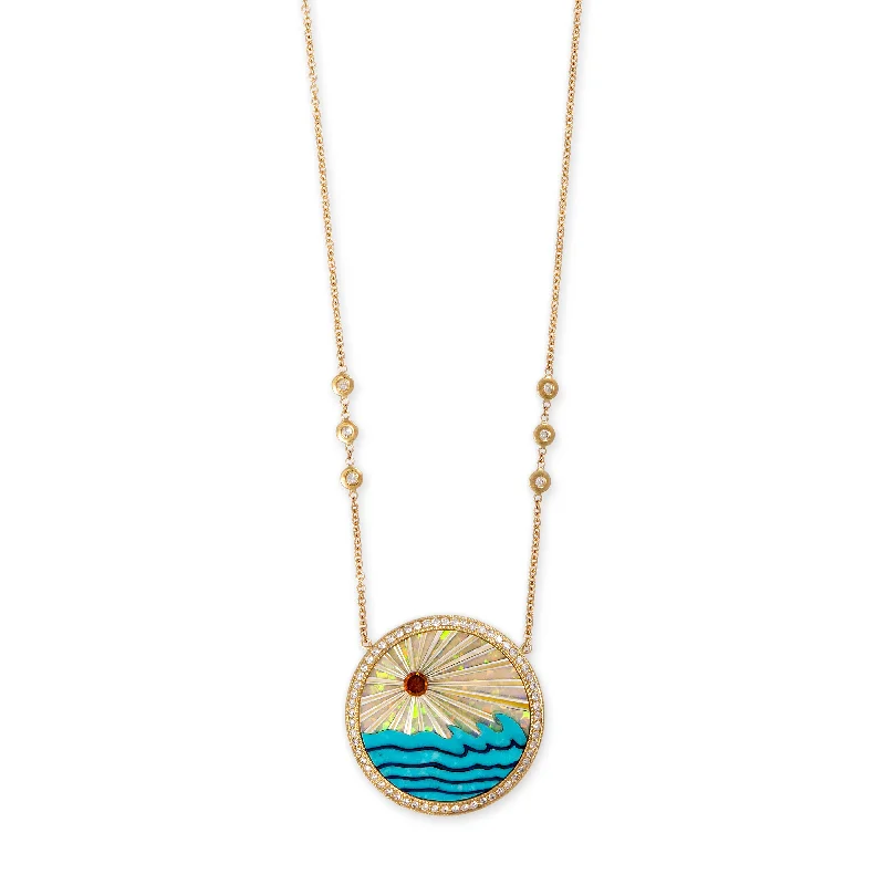 bohemian necklaces for women -PAVE ROUND OPAL RAYS + TURQUOISE WAVES INLAY NECKLACE