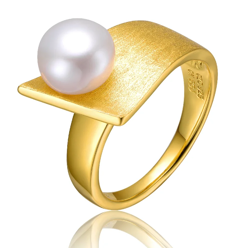 wedding stack rings for women -Sterling Silver Gold Plated with Genuine Freshwater Pearl Linear Ring