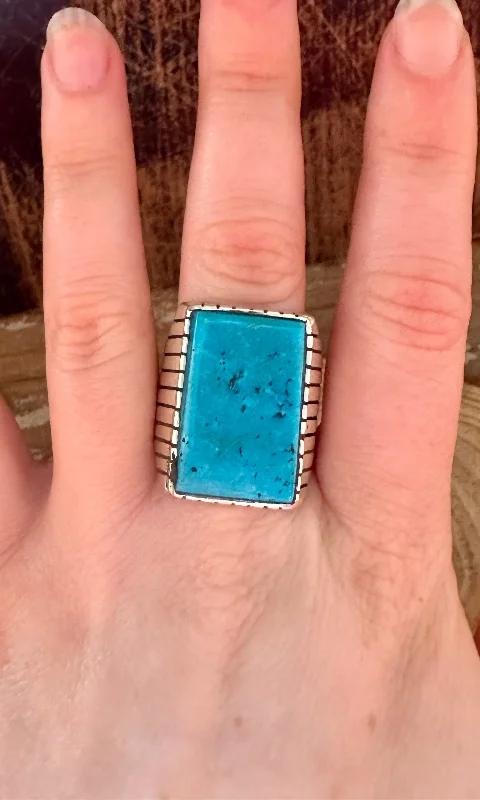 silver rings for women -TREVOR JACK Large Square Sterling Silver & Turquoise Ring