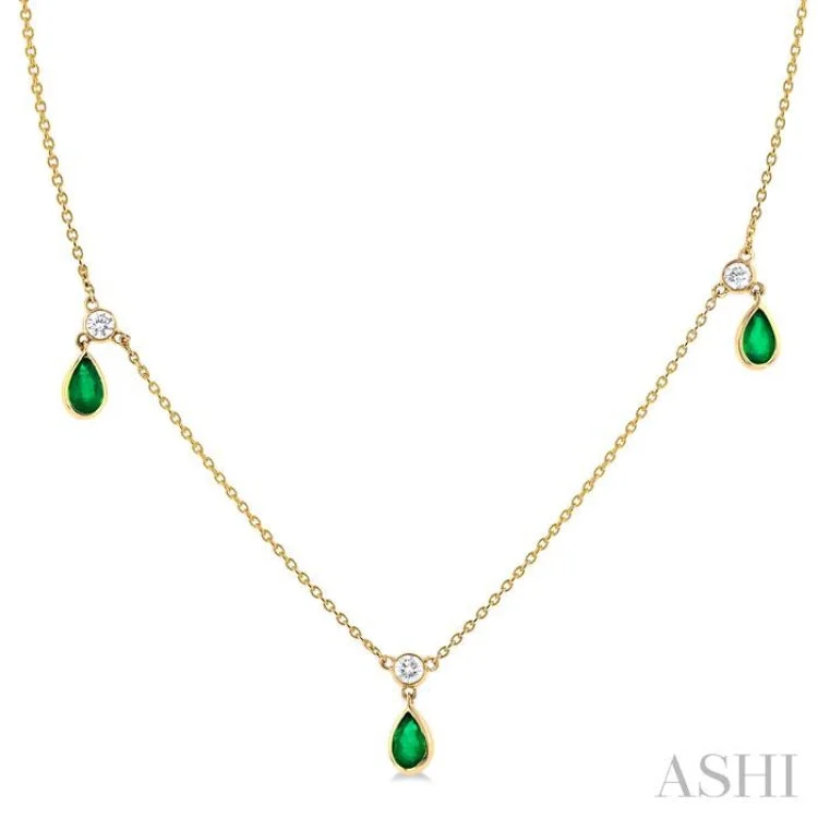 locket necklaces for women -1/4 ctw Round Cut Diamonds and 5X3MM Pear Shape Emerald Precious Station Necklace in 14K Yellow Gold