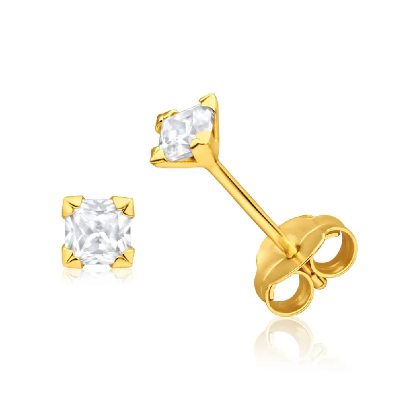 statement earrings for women -9ct Yellow Gold Cubic Zirconia 3mm Princess Cut Stud Earrings