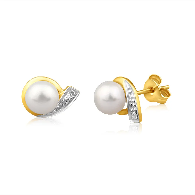 teardrop earrings for women -9ct Dazzling Yellow Gold Diamond + Freshwater Pearl Stud Earrings