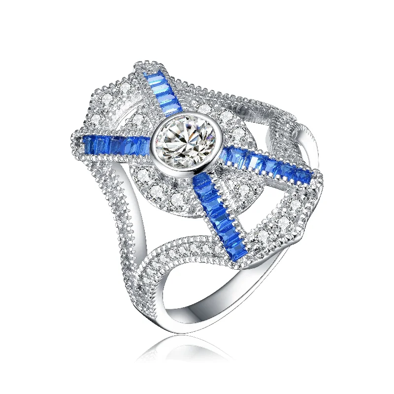 double-band rings for women -Sterling Silver Sapphire Cubic Zirconia Geometrical Cocktail Ring