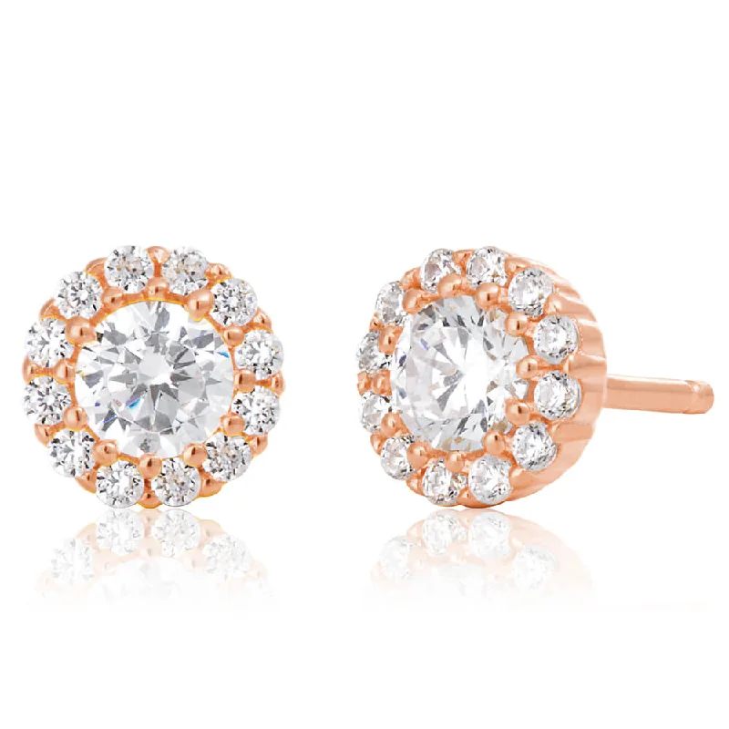 bridal earrings for women -Sterling Silver Rose Gold Plated Cubic Zirconia Brilliant Cut Halo Stud Earrings