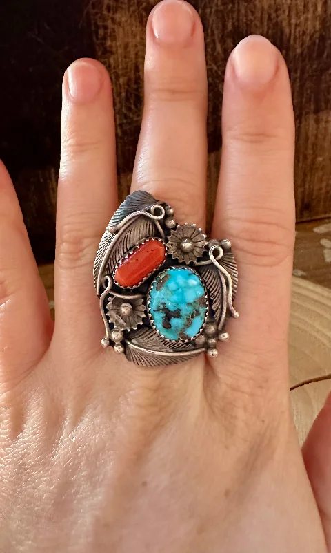 moissanite rings for women -GARDEN OF EDEN Turquoise & Coral Silver Ring • Size 6 1/2