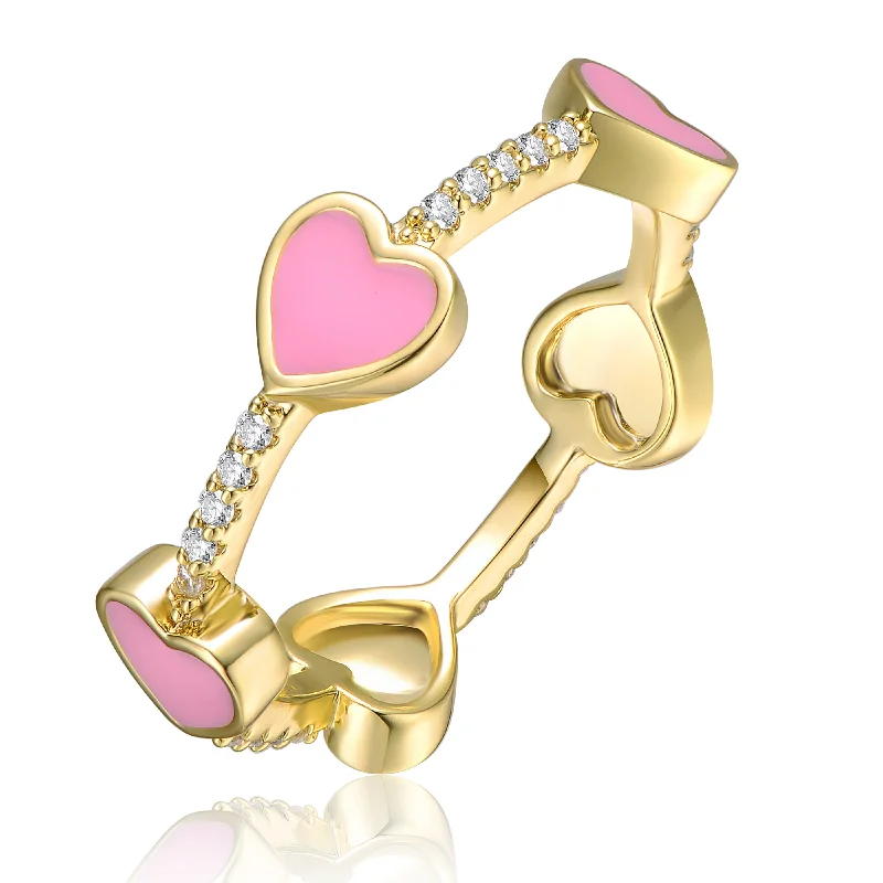 textured rings for women -Sterling Silver 14k Yellow Gold Plated with Cubic Zirconia Pink Enamel Heart Stacking Ring