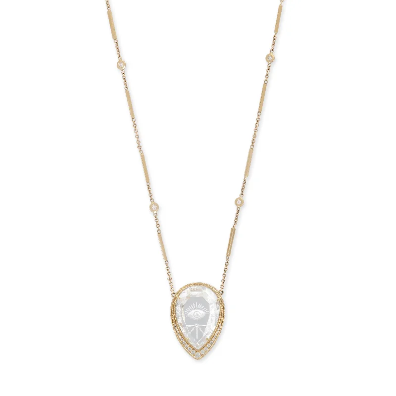 two-tone necklaces for women -PAVE CARVED EYE BURST CLEAR QUARTZ TEARDROP SMOOTH BAR NECKLACE