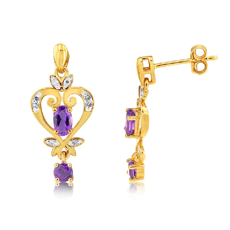 pearl earrings for women -9ct Yellow Gold Amethyst And Diamond Drop Earrings