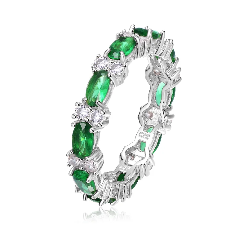 gold rings for women -Sterling Silver White Gold Plated with Emerald & Cubic Zirconia Chunky Eternity Band Ring