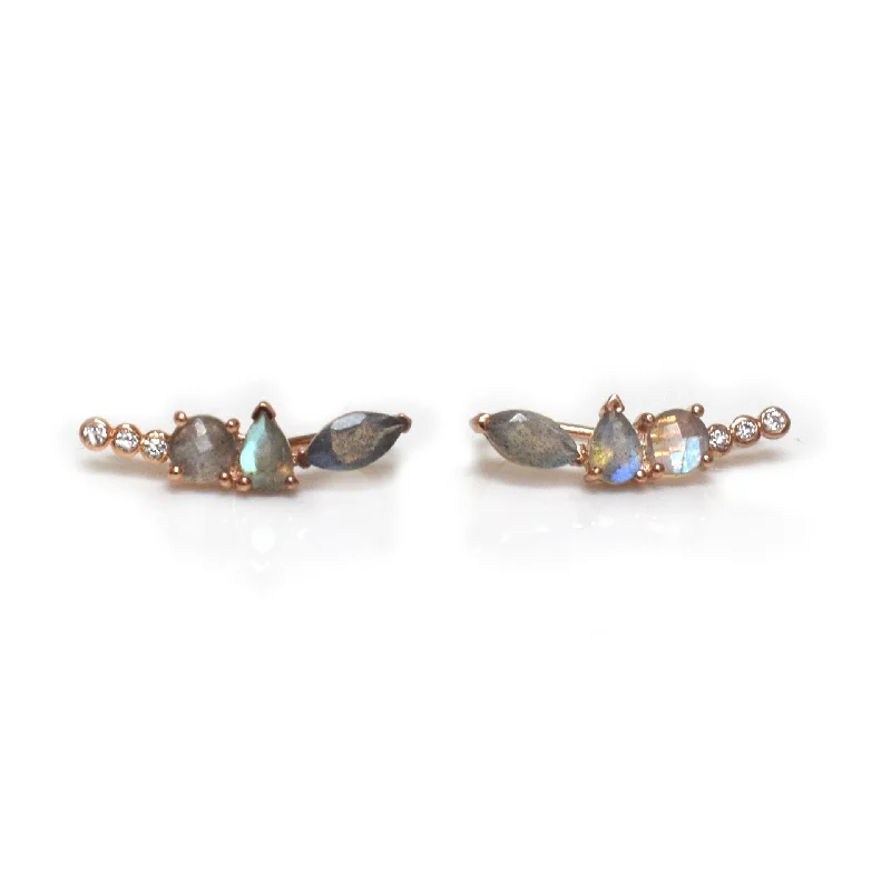 gemstone earrings for women -Rose Gold Labradorite Wing Climbers