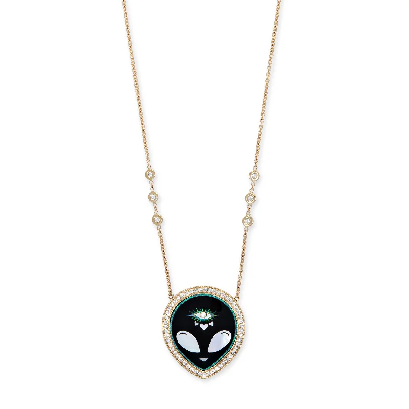 statement necklaces for women -PAVE ONYX + PEARL ALIEN HEART EYE INLAY NECKLACE