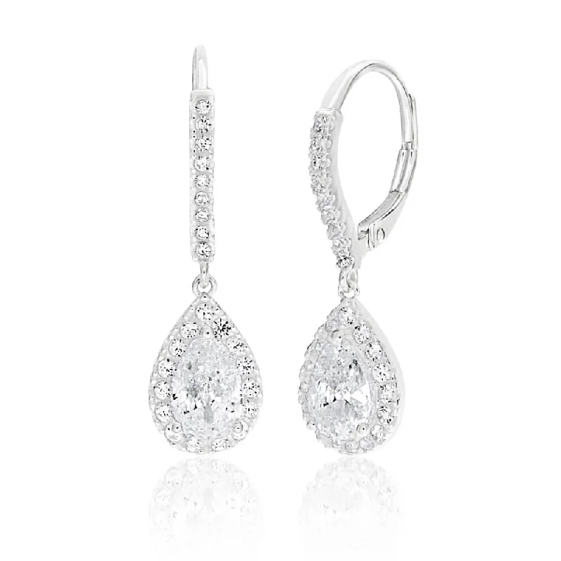 trendy earrings for women -Sterling Silver Cubic Zirconia Pear Shaped Drop Earrings