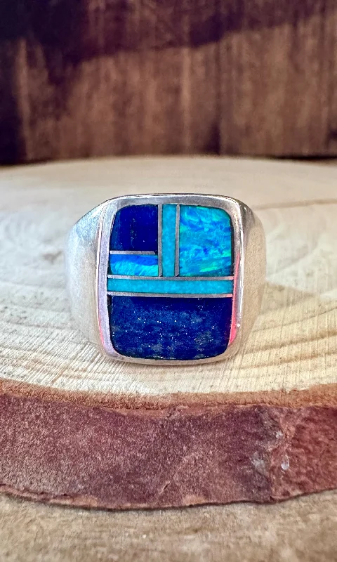 birthstone rings for women -DEEP OCEAN Turquoise & Sterling Geometric Inlay Ring Mens • Size 10, 10 1/2