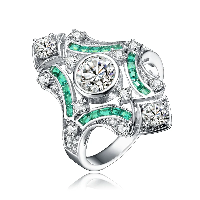 statement rings for women -Sterling Silver Emerald Cubic Zirconia Geometrical Cocktails Ring