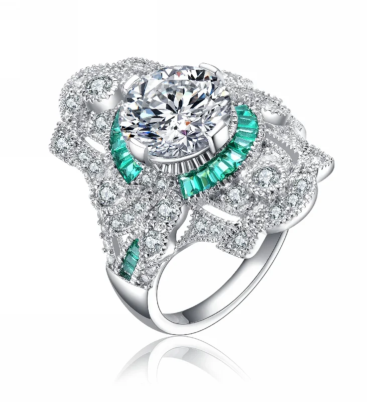 statement rings for women -Sterling Silver Rhodium-Plated Emerald Baguette Cubic Zirconia Cocktail Ring