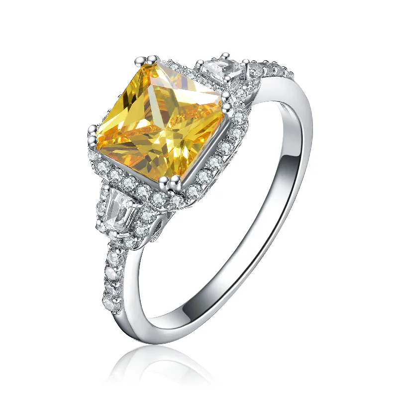 designer rings for women -Sterling Silver Yellow Cubic Zirconia Halo Cocktails Ring