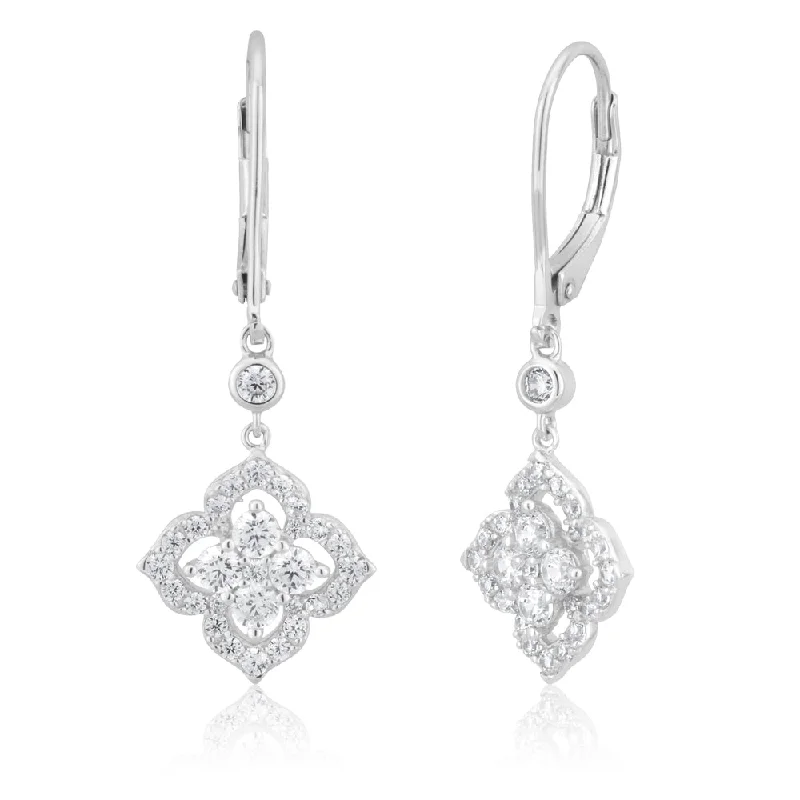 cluster earrings for women -Sterling Silver Rhodium Plated Cubic Zirconia Lever Back Drop Earrings