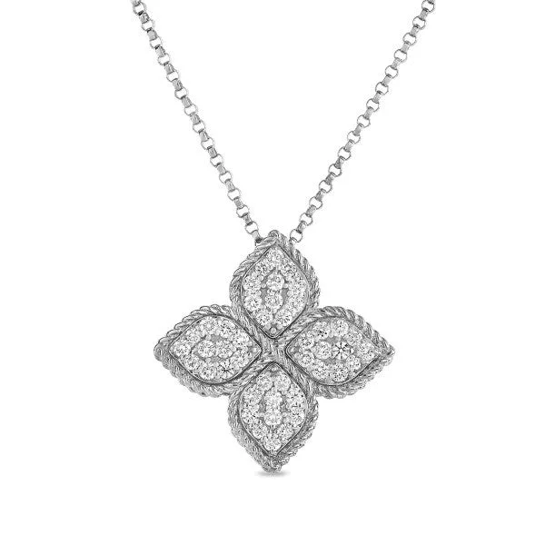 gothic necklaces for women -Roberto Coin Princess Flower Diamond Pendant Medium 18K White Gold